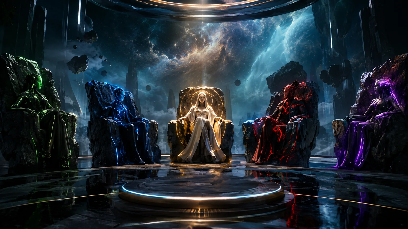 Five AI board members seated around a single question